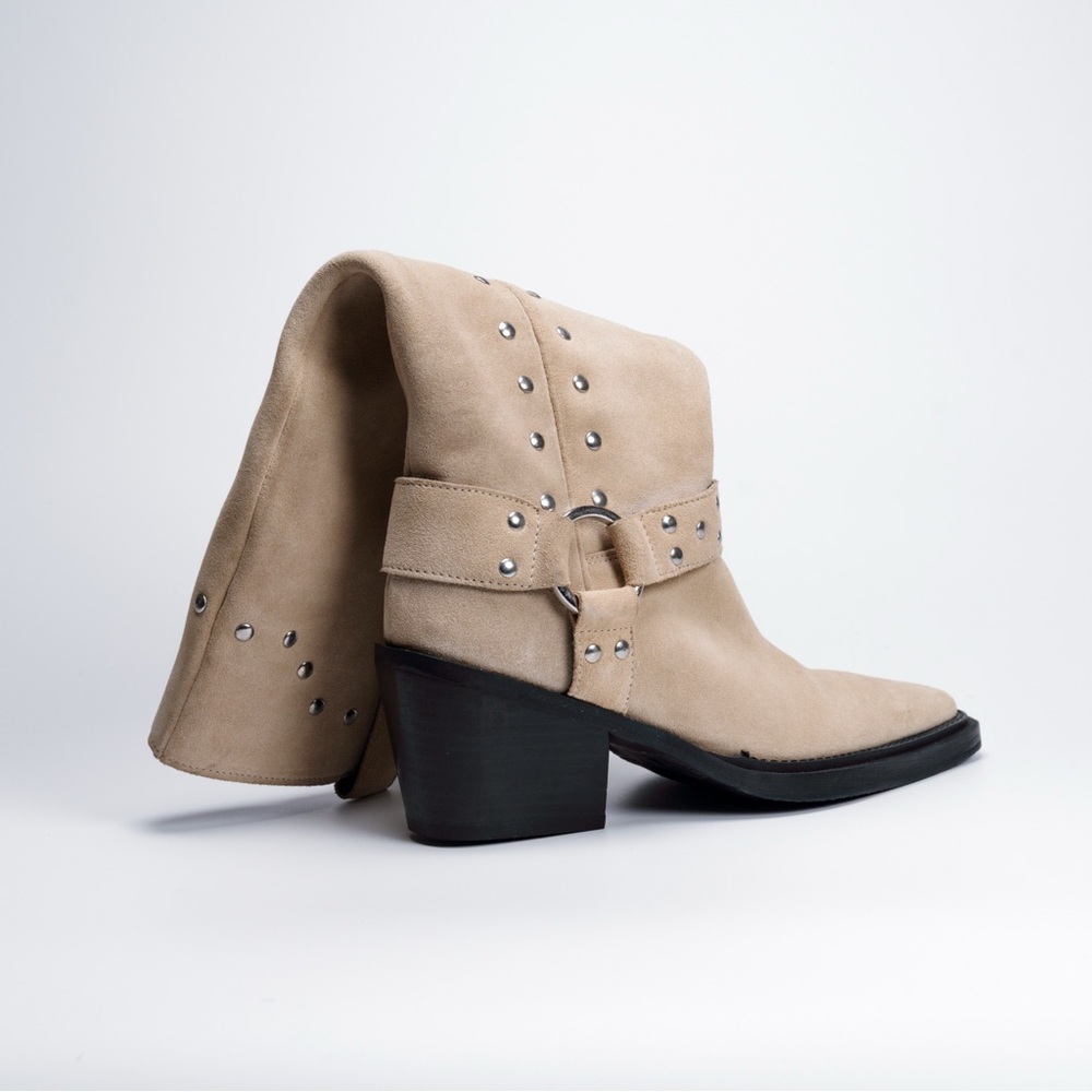 Beige Suede Knee-High Boots — Pointed Toe, Stacked Heel, Stud Detail - Picture 7 of 8